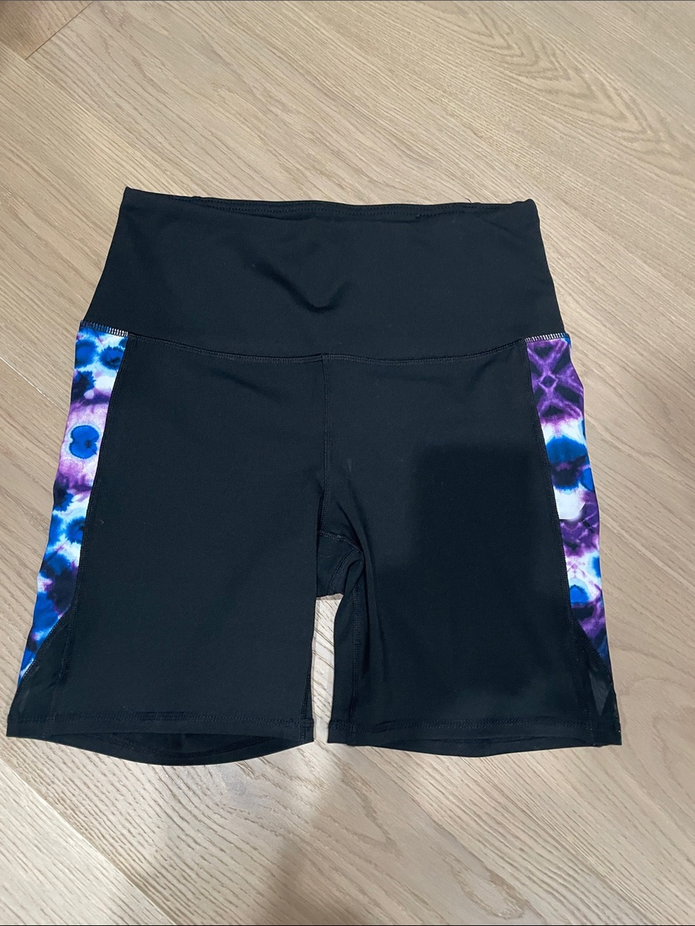GAIAM Black Bike Shorts with Purple & Blue Tie-Dye Side Panels